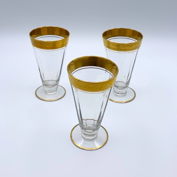 Vintage 40s Tiffin Franciscan Crystal Minton Gilt Etched Footed Drinking Glasses - Picture 2 of 13